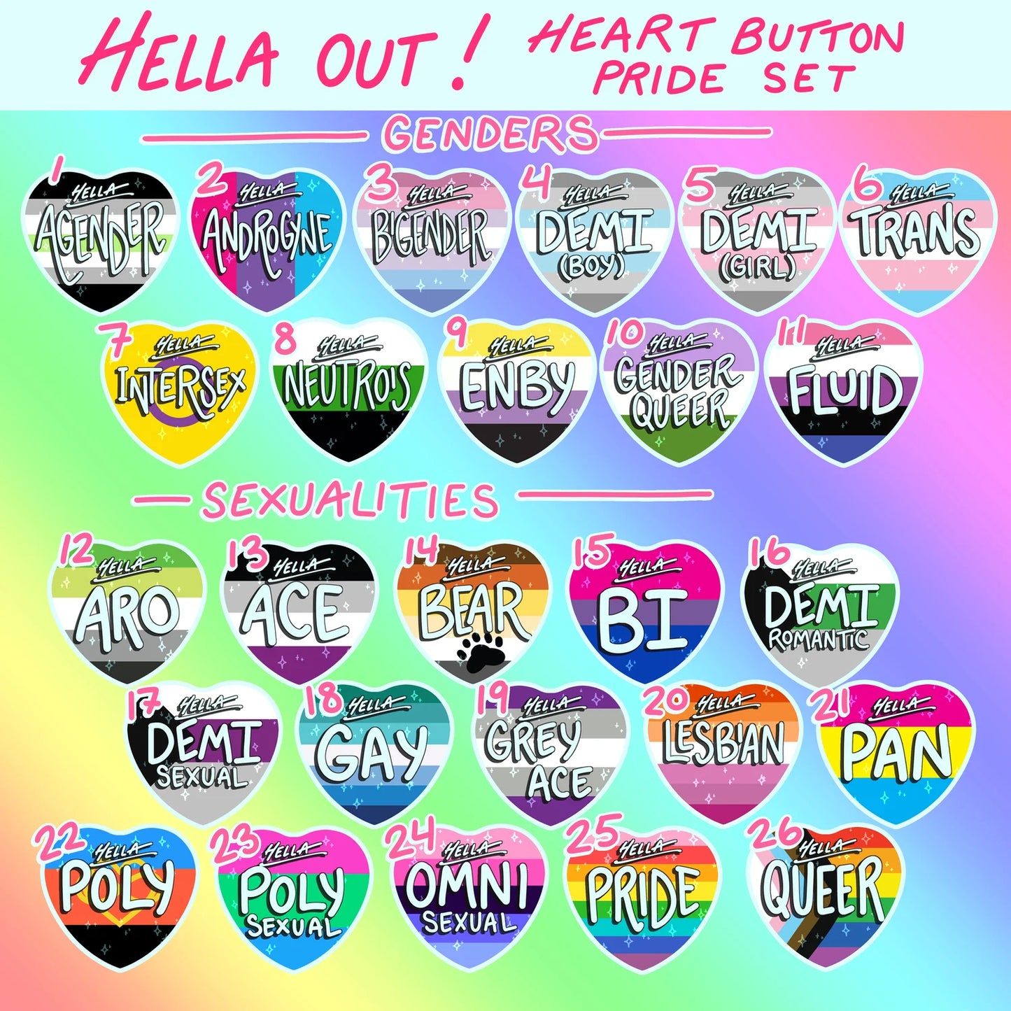 Hella Out! Pride Heart Buttons!